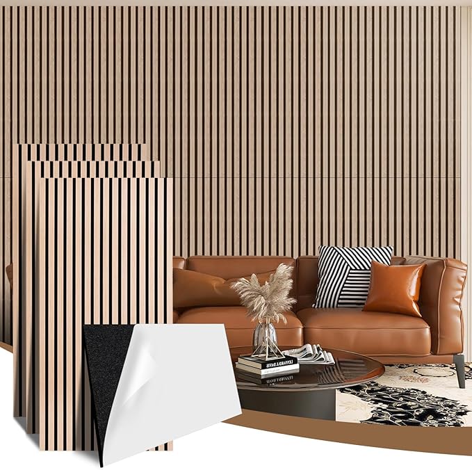 AKK-PANE 4 PCS Self-Adhesive Acoustic Wood Slat Wall Panels, 47.2" x 23.6" 31.0ft² for Interior Wall Decor, 3D Wall Panels Peel and Stick, Wall Wood Panels for Office Bedroom Living Room (Classic Oak)