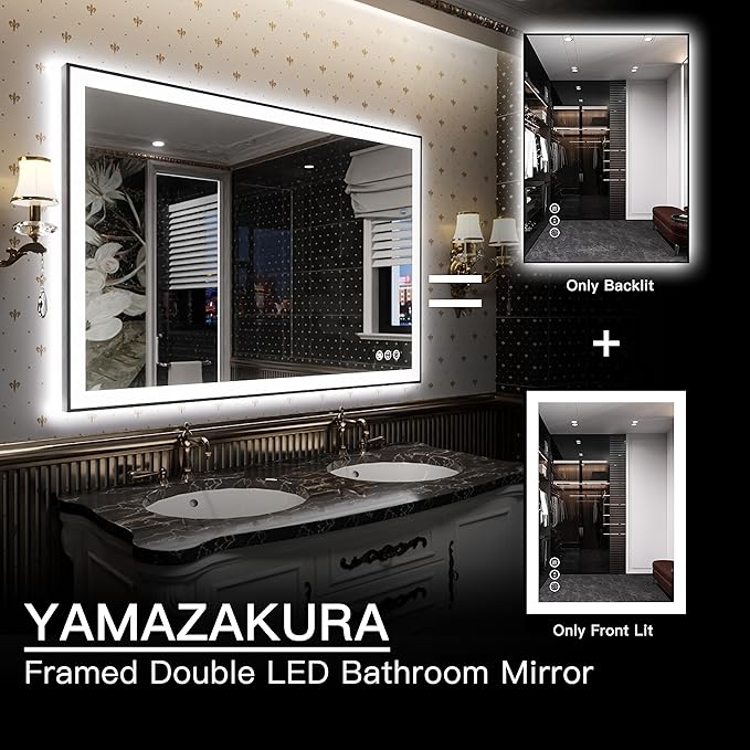 LED Bathroom Mirror 48x32- Lighted Vanity Mirror with Backlit and Front Light, Framed Dimmable Illuminated Mirror for Wall, Anti-Fog, Shatterproof, Memory, 3 Colors (Horizontal/Vertical)