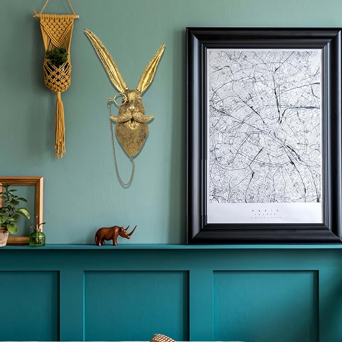 Animal Head Wall Art Decor,DIY Handcrafts Rabbit Head Resin Animal Wall Mount Art Decor Bronzed Bunny Wall Hanging Ornaments Vintage Art Wall Sculptures Home Decoration for Bedroom Holiday Gifts