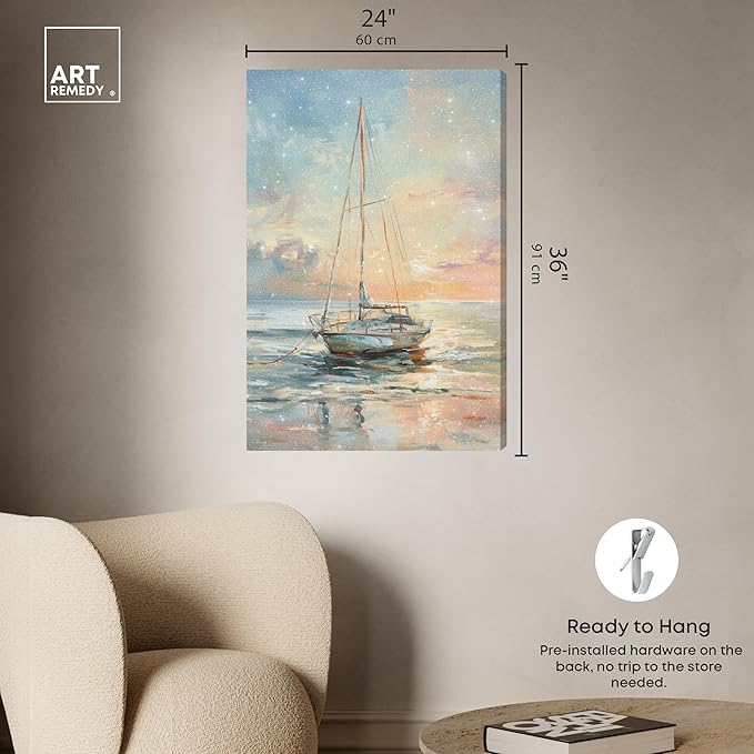 Art Remedy Boat On The Shore Gallery Wrapped Sailing 1 Piece Canvas Wall Art, 24" x 36", Gallery Wrapped