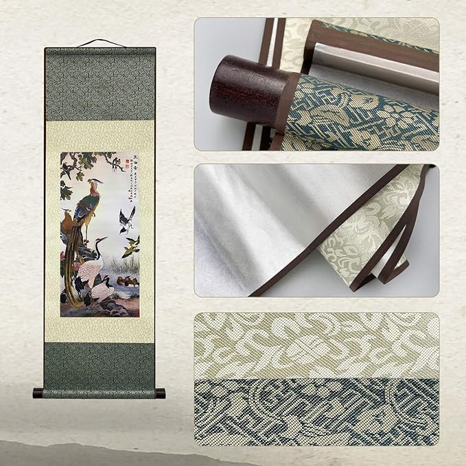 AtfArt Asian Wall Decor Beautiful Silk Scroll Painting Birds - Wulun Diagram Oriental Decor Chinese Art Wall Scroll Wall Hanging Painting Scroll (36.2 x 12 in)