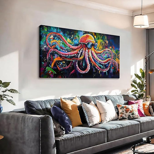 JEAWA Large Canvas Wall Art - Funny Octopus Wearing Sunglasses Modern Graffiti Texture Wall Painting for Living Room Bedroom Men Teenage Boy Room Game Room Cool Posters Decor 24x48 IN
