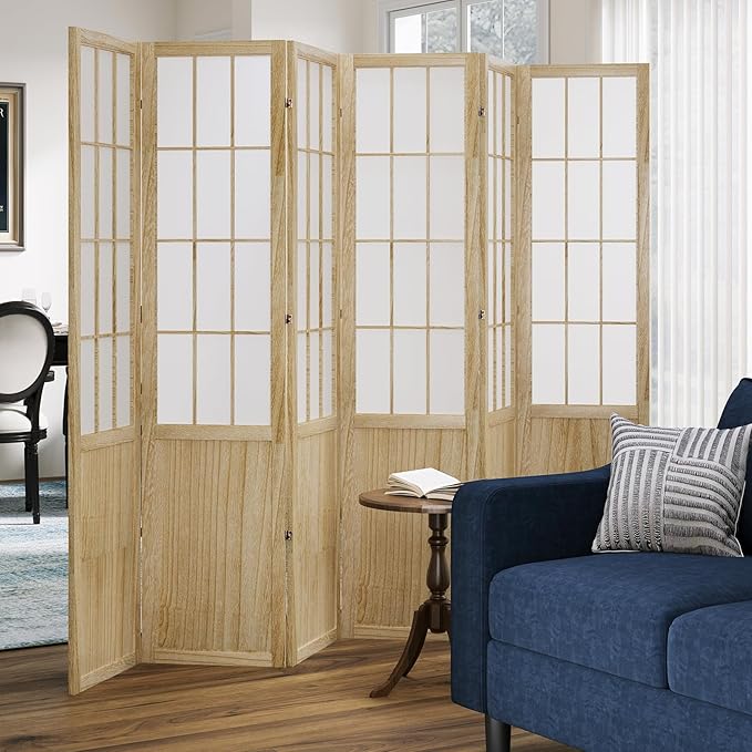 5.6FT Room Divider and Folding Portable Partition Screen, Chinese Japanese Shoji Style for Room Separation - 6 Panel (Natural)