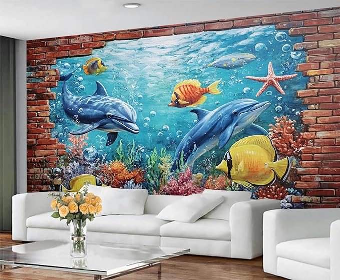 Ocean World Mural Wallpaper, Cartoon Dolphin Murals, Coral Starfish Poster Murals Wallpaper for Living Room Bedroom Home Decor Mural - 78.7" W x 39.8" H (Not Peel Stick)