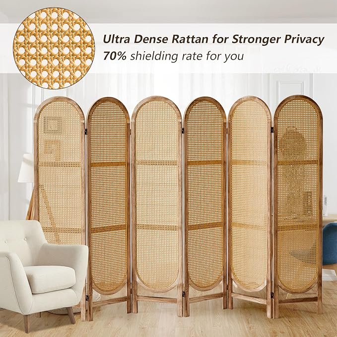 6 Panels Room Dividers and Hand-Woven Rattan Room Divider Wall, Wood Room Divider Folding Privacy Screens for Home Office Bedroom, Light Brown