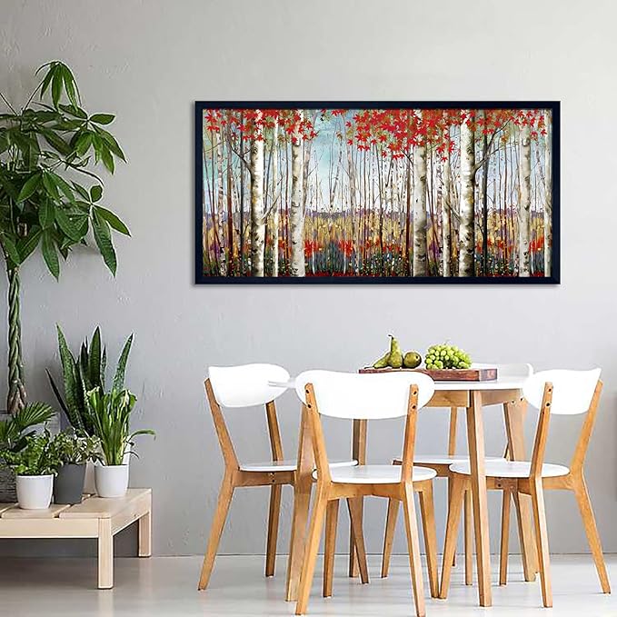 Large Framed Wall Art for Living Room Bedroom Modern Wall Decor of Red Leaves White Birch Tree Forest Giclee Painting Artwork Wall Decoration 29x58 Large Size Black Framed