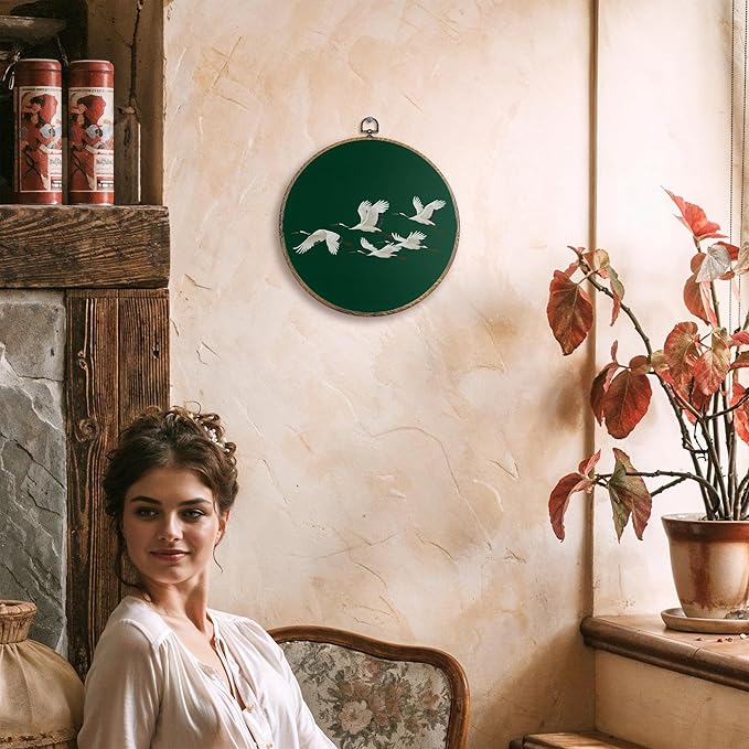 FUGWN Japanese Crane Round Wall Art Decor Framed, Japandi Canvas Artwork Prints, Dark Green Asian Oriental Japanese Crane Bird Wall Hanging Decorations for Home Bedroom Living Room, 10x10 Inch