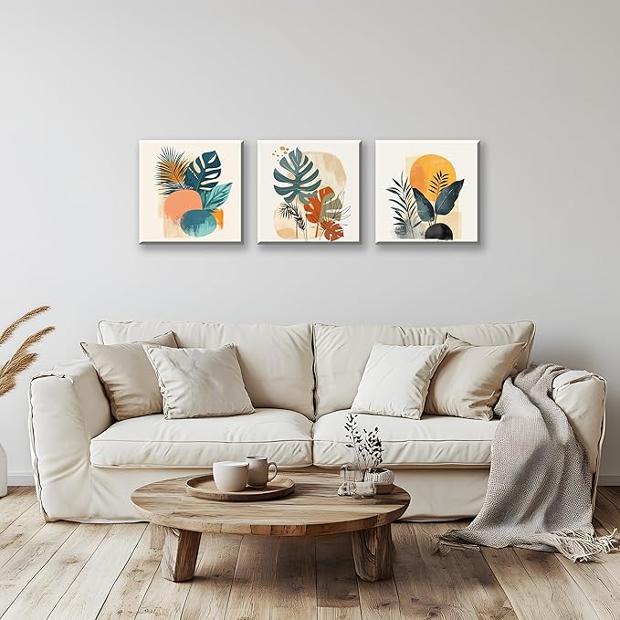 NAN Wind 3 Panels Modern Abstract Tropical Canvas Wall Art Colorful Leaf Prints Contemporary Botanical Art for Living Room Minimalist Plant Decor Geometric Palm & Monstera Leaf Paintings Home Decor