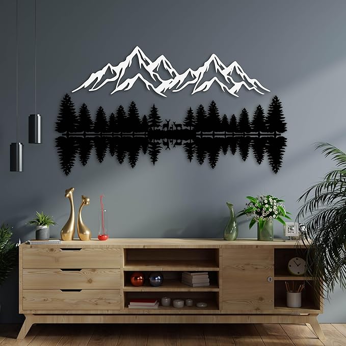 KAWA METALWORKS Mountain and Forest Wall Art Home Decor, Metal Pine Trees and Hill, Large Nature Decor, Mountain Landscape