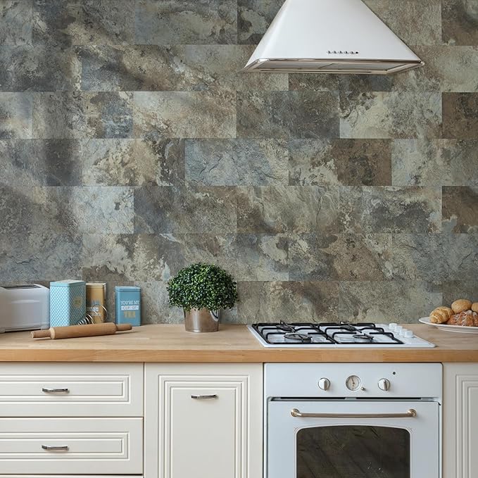 AULIGET 20-Piece Beige & Brown Slate Peel and Stick Backsplash Wall Tiles, 6" x 12" PVC Faux Stone Stick on Tiles Backsplash Kitchen