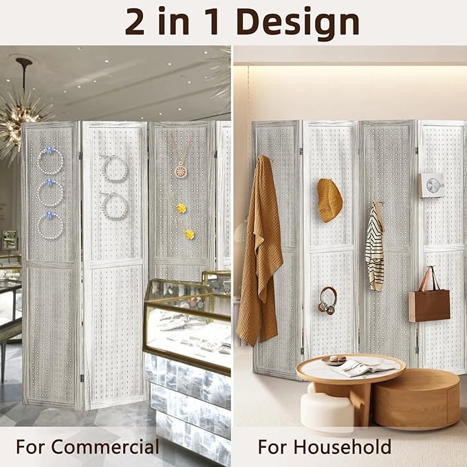 4 Panel Pegboard Display with 16 Hooks, Wooden Room Divider Wall and Folding Privacy Screens, Partition Room dividers, Pegboard Room Divider, Jewelry Store, Retail Store, Bedroom, White