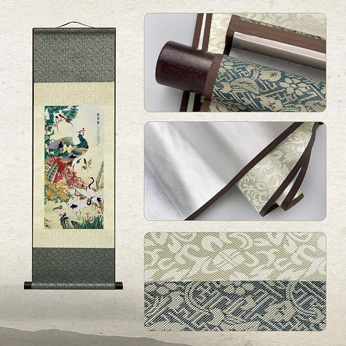 AtfArt Asian Wall Decor Beautiful Silk Scroll Painting Birds - A Hundred Birds Respect The Phoenix Oriental Decor Chinese Art Wall Scroll Wall Hanging Painting Scroll (36.2 x 12 in)