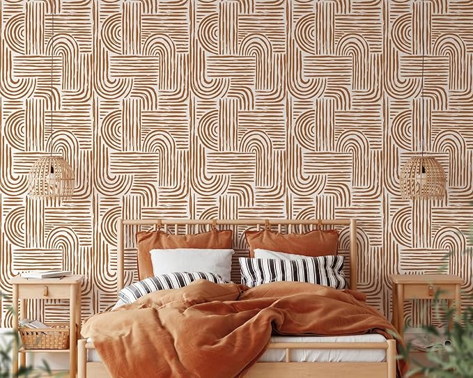 Minimalist Abstract Lines Wallpaper | Removable Self Adhesive Brown Boho Wallpaper | Geometrical Rounded Lines Peel and Stick Wallpaper (1 roll 24" W x 120" H)