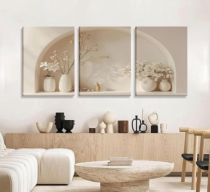3pcs Framed Canvas Wall Art Arched Wabi Sabi Niche Textured Vases Dried Florals Posters Prints Pictures Paintings Minimalist Warm Beige Wall Decor for Bedroom Living Room Bohemian Decoration