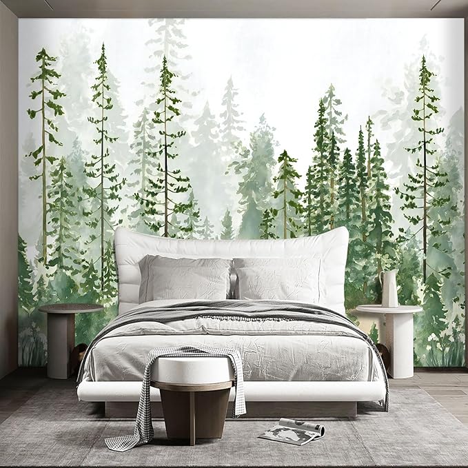 Boys or Girls Cartoon Pine Tree Forest Peel and Stick wallpeper Nursery Kids Bedroom Wall murals for Bedroom Living Room - 85"x118"