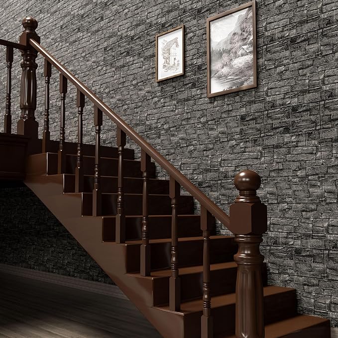 3D Wall Panels Peel and Stick in Black Grey Stone, 10 PCS XPE Foam 3D Wallpaper, Textured Faux Brick Wall Panels for Bedroom, Stairs, Kitchen