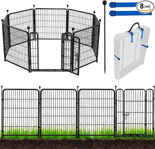 ADAVIN Tall Garden Fence with Gate, 48 in(H) 8 Panels Heavy Duty Iron Metal Animal Barrier Fence, Indoor Dog Playpen, Temporary Fencing, Dog Fence Outdoor for Yard, Total17.7 Ft(L), Black