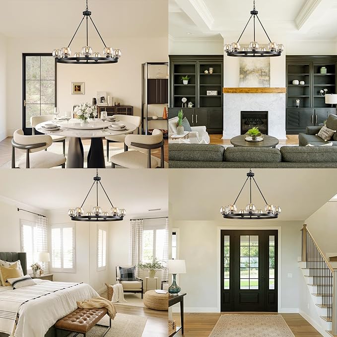 Black Wagon Wheel Chandelier, 36 Inch Black Chandeliers with Unique Glass Shade, 9-Light Crystal Farmhouse Wagon Wheel Chandeliers for Dining Room, Round Chandelier for Living Room, Foyer, Entryway