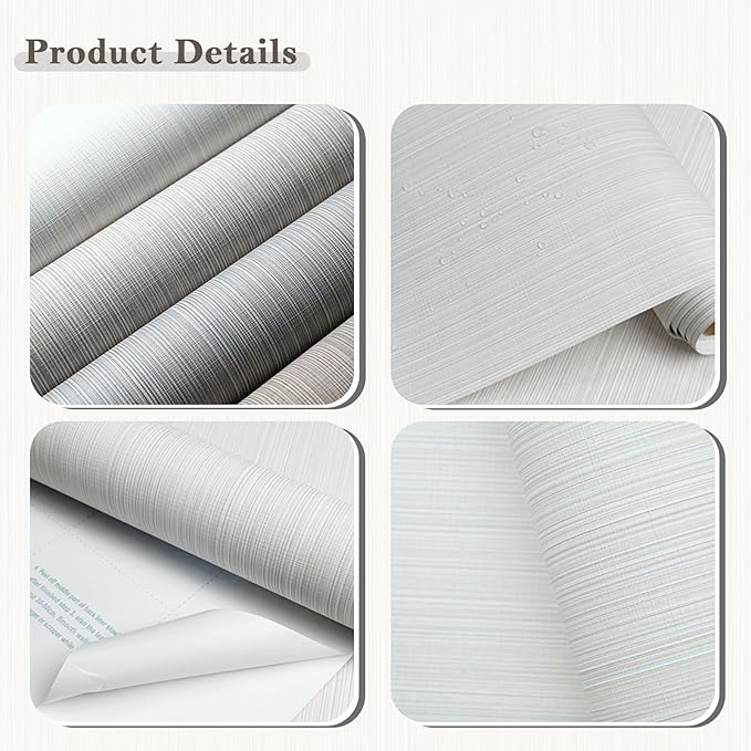 20.8" x 196.8" Grasscloth Peel and Stick Wallpaper, Whinte Neutral Textured Wallpaper for Bedroom Bathroom Office Self-Adhesive Thick Fabric Wall Paper