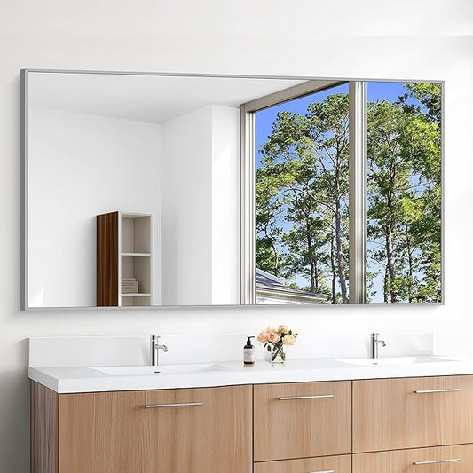 KOCUUY Silver Bathroom Mirror, 60"x30" Large Rectangle Bathroom Mirror for Wall, HD Tempered Glass, Anti-Rust Brushed Silver Frame, Modern Design for Bathroom, Bedroom, Hang Horizontal/Vertical