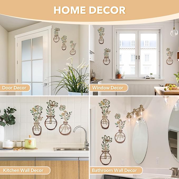 Mcdagogn 3 Pieces Metal Flowers Wall Decor - Rustic Farmhouse Wall Arts, Boho floral Minimalist Wall Decor for Living room Bathroom Bedroom laundry Room Kitchen Office - Housewarming Gifts