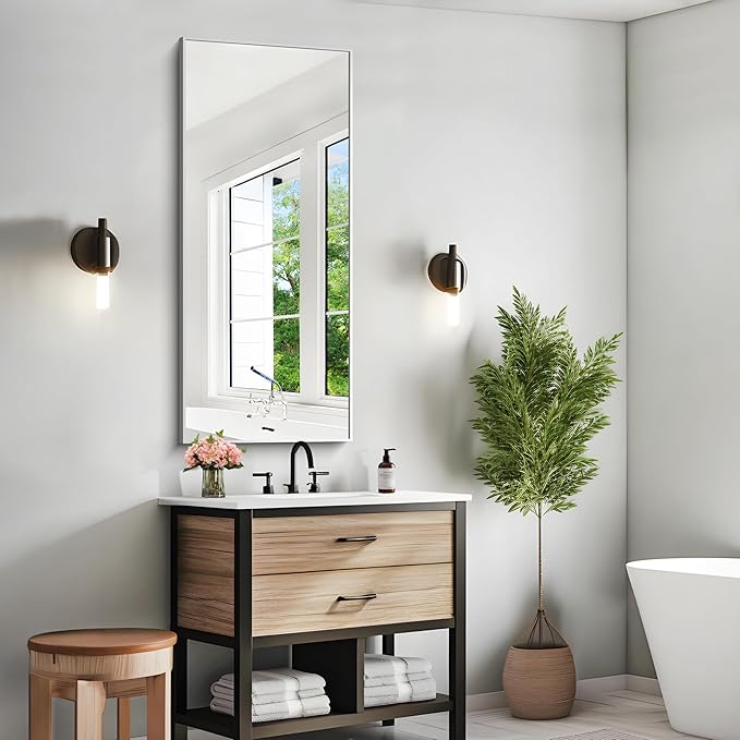 KOCUUY Silver Framed Mirror, 20"x48" Rectangle Bathroom Mirror for Wall, HD Tempered Glass, Anti-Rust Frame, Modern Design for Bathroom, Bedroom, Living Room, Entryway