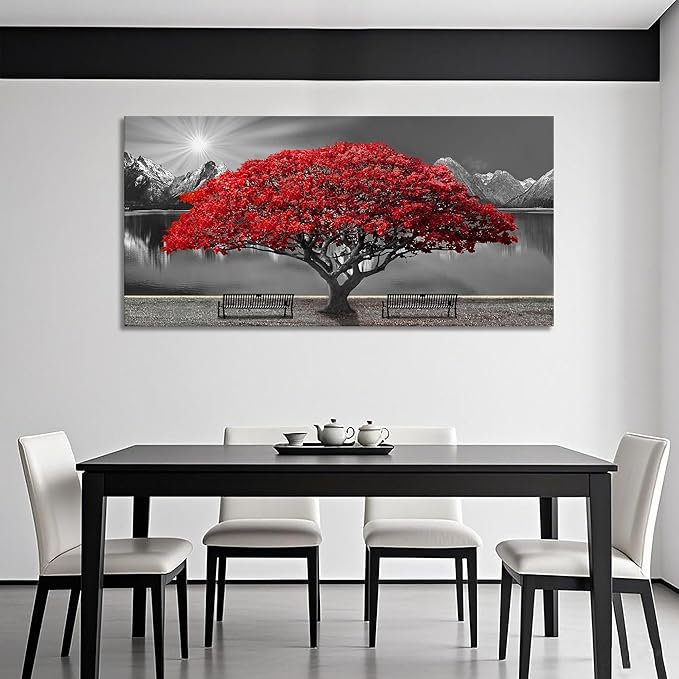 Mofutinpo Black and White Red Tree Wall Art Canvas Print Picture Large Red Tree Landscape Modern Artwork for Living Room Bedroom Office Home Wall Decor With Frame 29X58inch
