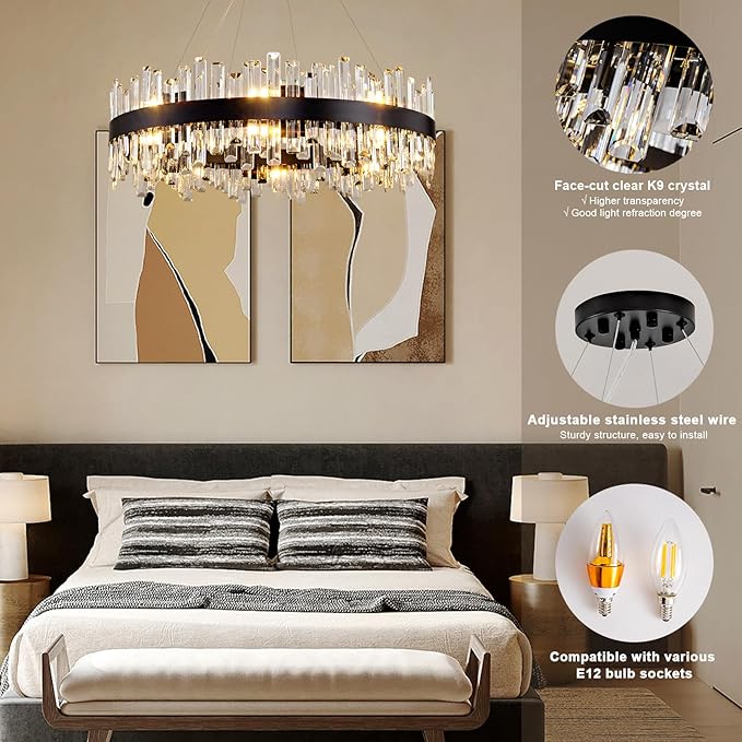 Modern Chandelier, D31.5 Round Black K9 Crystal Chandelier, Luxury Hanging Ceiling Light for Living Room, Chandeliers Pendant Light Fixture for Dining Room Hall Stairway Kitchen Bedroom