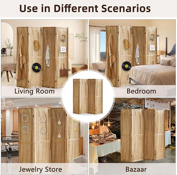 4 Panel Pegboard Display with 16 Hooks, Wooden Room Divider Wall and Folding Privacy Screens, Partition Room dividers, Pegboard Room Divider, Jewelry Store, Bedroom, Balcony, Light Brown