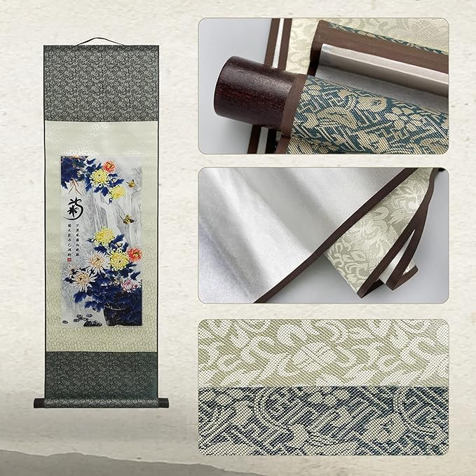 AtfArt Asian Wall Decor Beautiful Silk Scroll Painting 4 Righteous Men Flowers - Plum Orchid Bamboo Chrysanthemum Oriental Decor Chinese Art Wall Scroll Hanging Painting Scroll (Chrysanthemum)