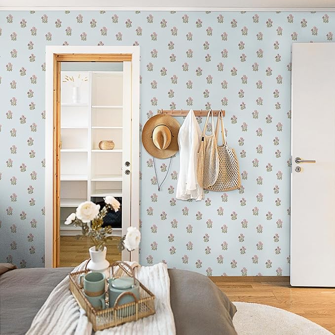 17.3" x 393.7" Vintage Wallpaper, Farmhouse Floral Peel and Stick Wallpaper Girly Self Adhesive Wall Paper for Bedroom Bathroom Kitchen Cabinets