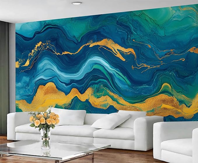 Blue Gold Marble Mural Wallpaper, 3D Turquoise Murals, Modern Fashion Marble Murals Wallpaper for Living Room Bedroom Tv Background Wall Home Decor Mural (Not Peel Stick)