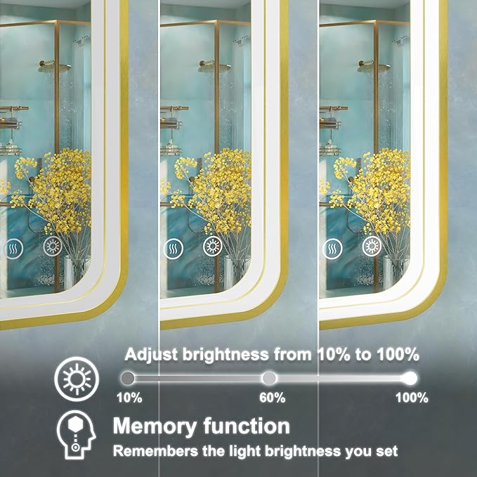 28x36 Inch Gold LED Bathroom Mirror with Lights, Wall Mounted Framed Lighted Bathroom Vanity Mirror, Stepless Dimmable, Memory Funtion, Anti-Fog, Horizontal/Vertical