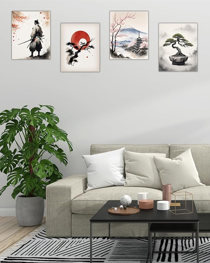 Japanese Wall Art Set of 4 – Samurai, Rising Sun, Bonsai Tree & Mount Fuji Prints – 8x10 inch Unframed, Modern Minimalist Asian Oriental Decor for Living Room