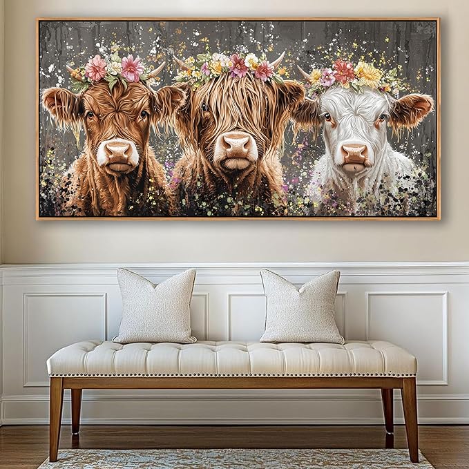 AJAZIKO Highland Cow Wall Art - Farmhouse & Rustic Country Wall Decor, Large Canvas Pictures for Living Room, Above Bed Artwork for Walls - Western Decorations 29×58IN