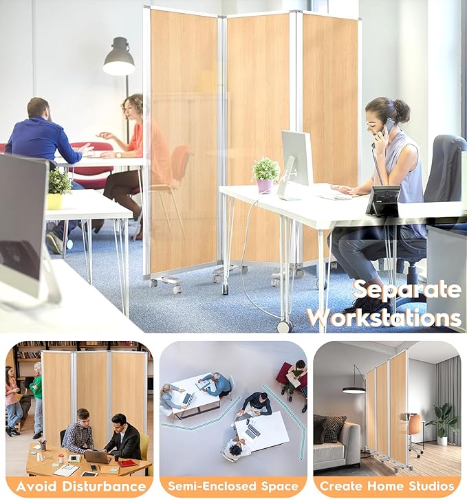 3-Panel Room Partition Mobile Wall Divider Folding Privacy Screen Temporary Room Separator,Natural Wood Grain Print,71" H x 24" W