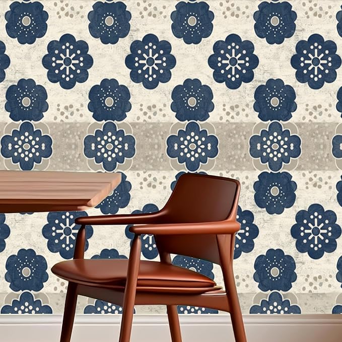 Nuxovilar Navy White Floral Medallion Textured Peel and Stick Wallpaper, 15.75"x39.37", Self-Adhesive Contact Paper, Traditional Tile Pattern for Bedroom, Living Room and Table Decor