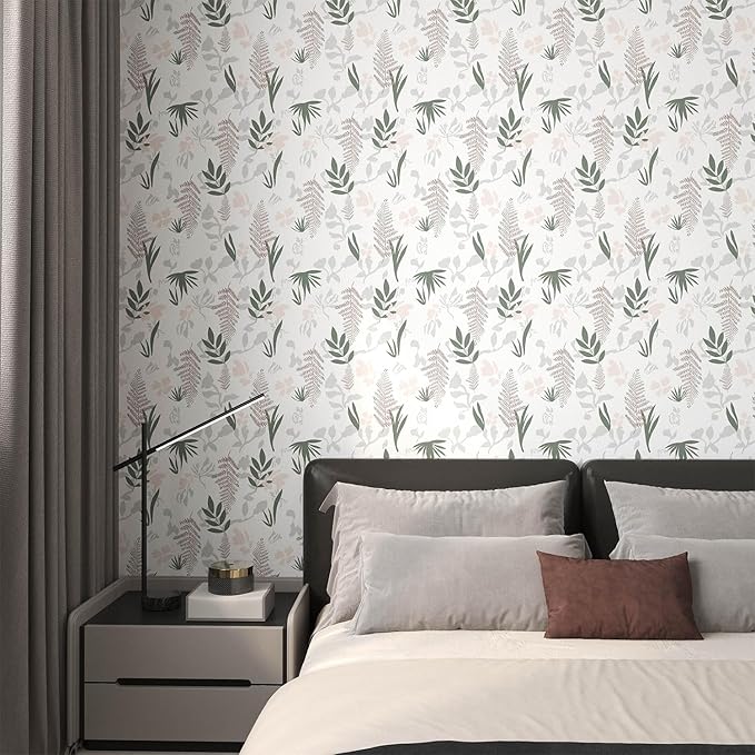 Leaf Wallpaper Peel and Stick Boho Wallpaper Vintage Floral Contact Paper Waterproof Self Adhesive Modern Wall Paper for Cabinet Walls Kitchen 17.3" × 118"