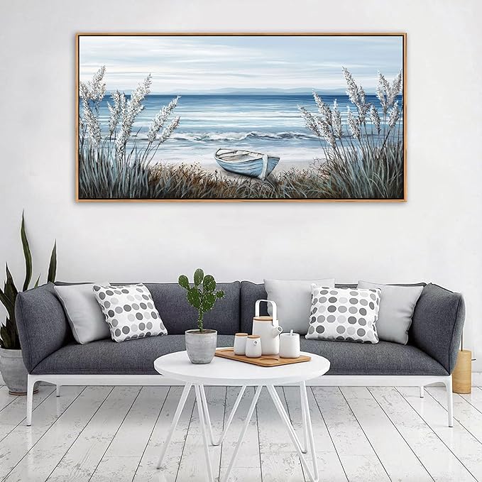 AJAZIKO Beach Vintage Wall Decor Pictures for Living Room Coastal Artwork for Walls Ocean Bedroom Wall Decor Above Bed Landscape Beach Canvas Wall Art Featuring Boat, Farmhouse, Seascape 20×40IN
