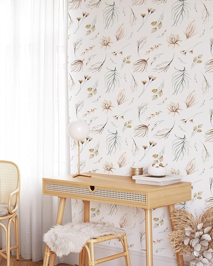 Modern Botanical Wallpaper | Removable Self Adhesive Watercolor Wallpaper | Neutral Floral Peel and Stick (1 roll 24" W x 108" H)