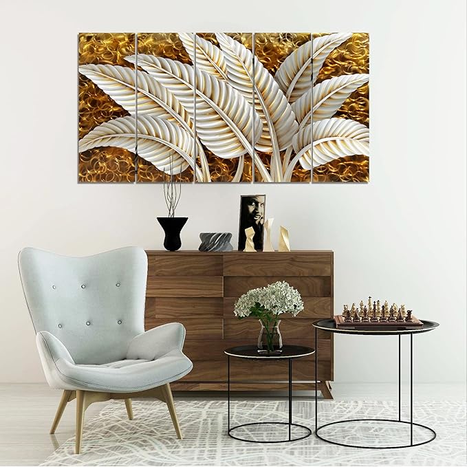 BATRENDY ARTS Modern Silver Banana Leaves Metal Art Wall Decor Golden Home Accent Sculpture 5 Panel Artwork Hand Polished Decorative Hangings for Bedroom