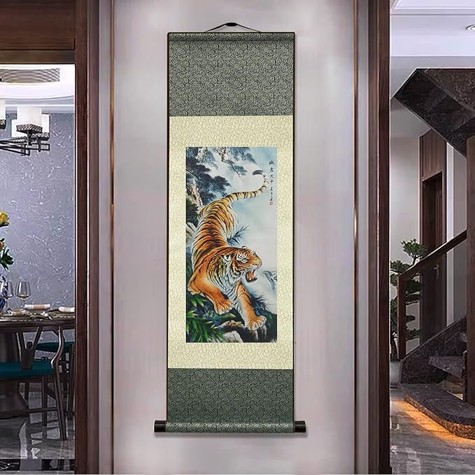 AtfArt Asian Wall Decor - Beautiful Silk Painting Animal - Tiger King Deterrence - Oriental Decor Chinese Art Wall Scroll (36.2 x 12 in)