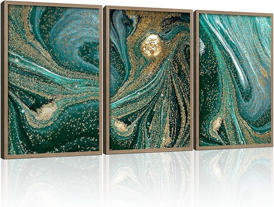 3pcs Wood Framed Green Abstract Canvas Wall Art - Abstract Green Black Gold Fluid Artwork - Modern Green Gold Abstract Prints Posters - Living Room Bedroom Decorative Paintings Gallery Style Wall Hanging Pictures