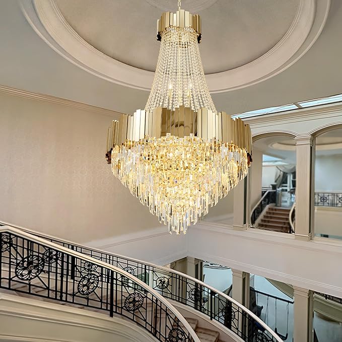 Large Gold Luxury Crystal Chandeliers, 27-Light Empire Crystal Chandelier Light Fixture Modern High Ceiling Hanging Chandelier for Foyer,Staircase,Front Entry,Entryway (D36''×H57)