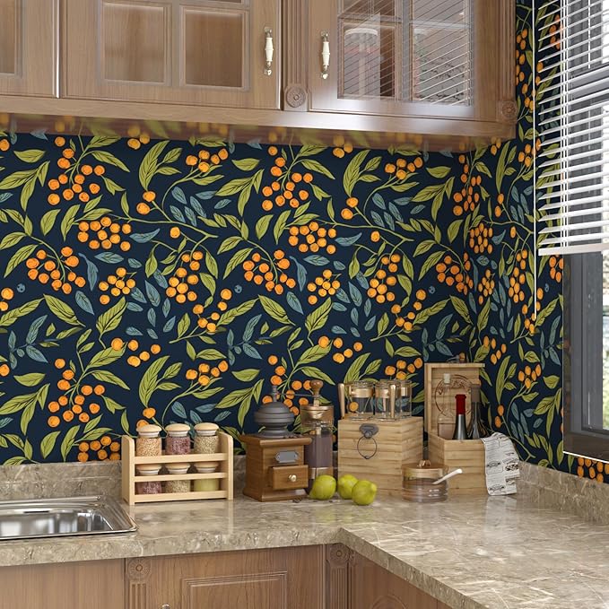 Blue Orange Wallpaper Peel and Stick Boho Floral Contact Paper Removable Waterproof Leaves Paper for Drawer Countertop Cabinet Renter Friendly 17.5 x 393.5In