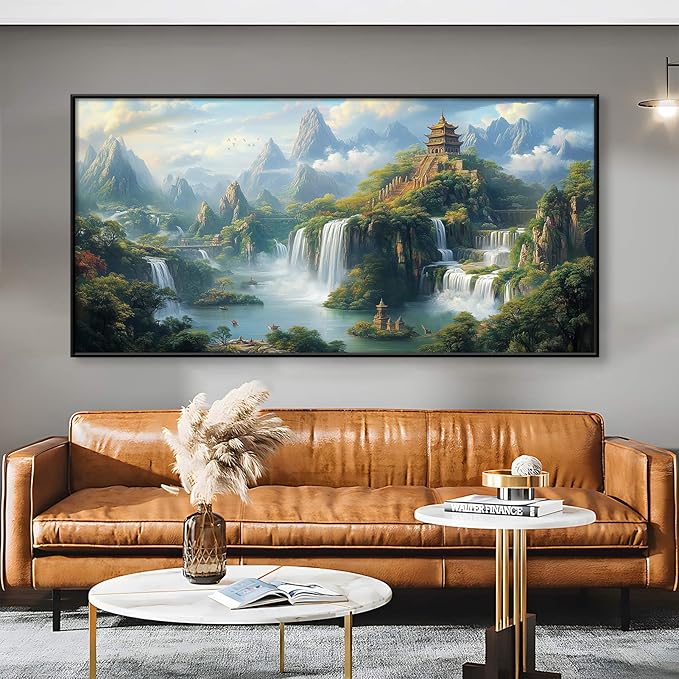 Cadeali Fantasy Waterfall Canvas Art, Japanese Temple Landscape, Buddhist Architecture, Living Room Wall Decor (Gold Framed, 47"x23")