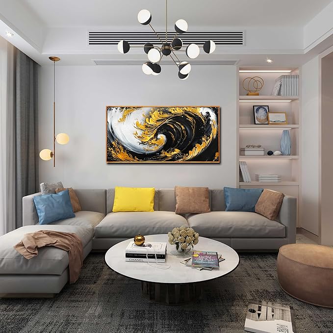 Abstract Canvas Art - Black and Gold Framed Wall Art for Living Room - Ocean Pictures Wall Art Canvas Size 29" x 59"