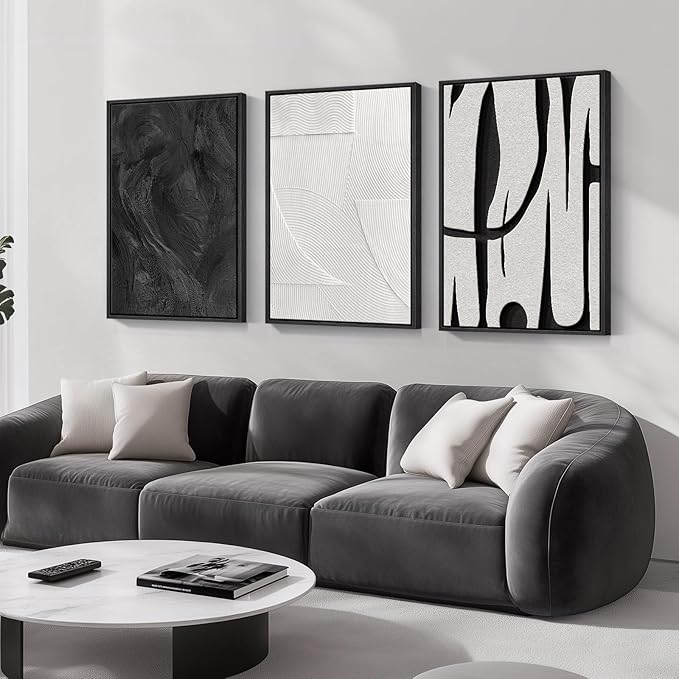 Large Framed Black and White Abstract Wall Art for Living Room, 3 Piece Canvas Prints Paintings Artwork for Walls, Modern Minimalist Pictures for Hallway Stair Office Wall Decor -Total Size 30x60 Inch