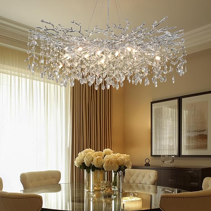 47" Silver Crystal Chandelier, 18-Light Modern Tree Branch Chandelier, Luxury Round K9 Crystal Raindrop Chandeliers for Dining Room, Living Room, Foyer, Entryway, Bedroom, Contemporary Light Fixture