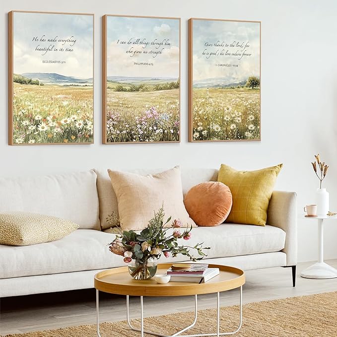 LHIUEM Christian Flowers Framed Canvas Wall Art,Vintage Bible Verse Wall Decor,Religious Jesus Prints,Natural Scripture Artwork for Living Room,Bedroom,Dining Room -16"x24"x3